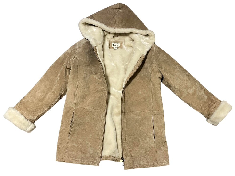 St. John's Bay Coat Womens Medium Tan Washable Suede Hooded Faux Shearling Lined